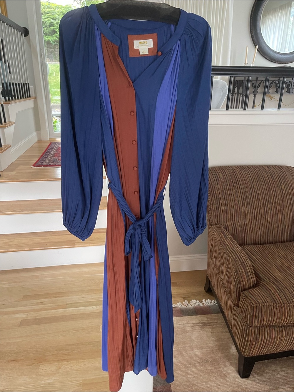 Pleated Colorblock Midi Dress in Navy & Rust